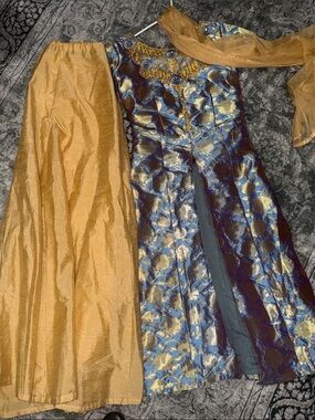 Ethnic Indian Wear Blue and Gold Floral Brocade Maxi Dress with Gold Dupatta